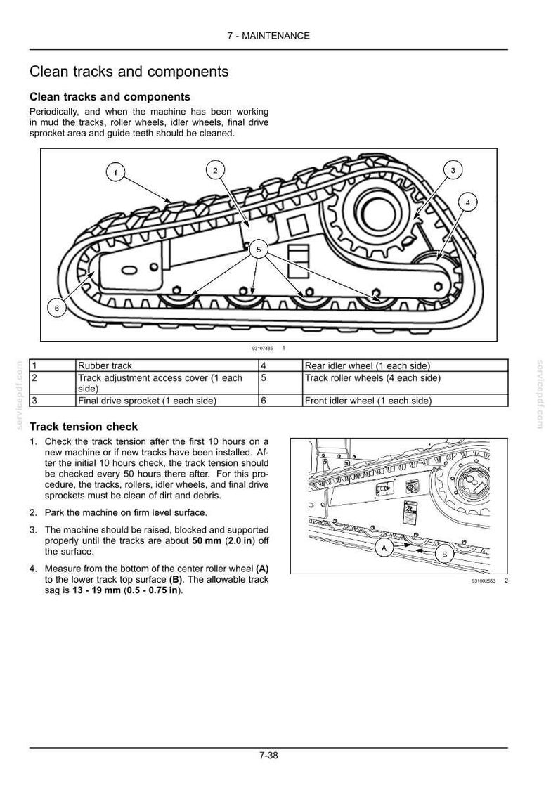 May include: A technical diagram from a maintenance manual illustrating the components of a machine's rubber track system. The image includes numbered labels for the track, access cover, sprocket, and wheels, along with text instructions for track tension.