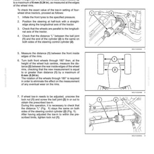 May include: A technical document page titled Steering - Tie rods, featuring instructions for checking steering control links on tractors. It includes three black and white line drawings showing mechanical components labeled with numbers 1 and 2.