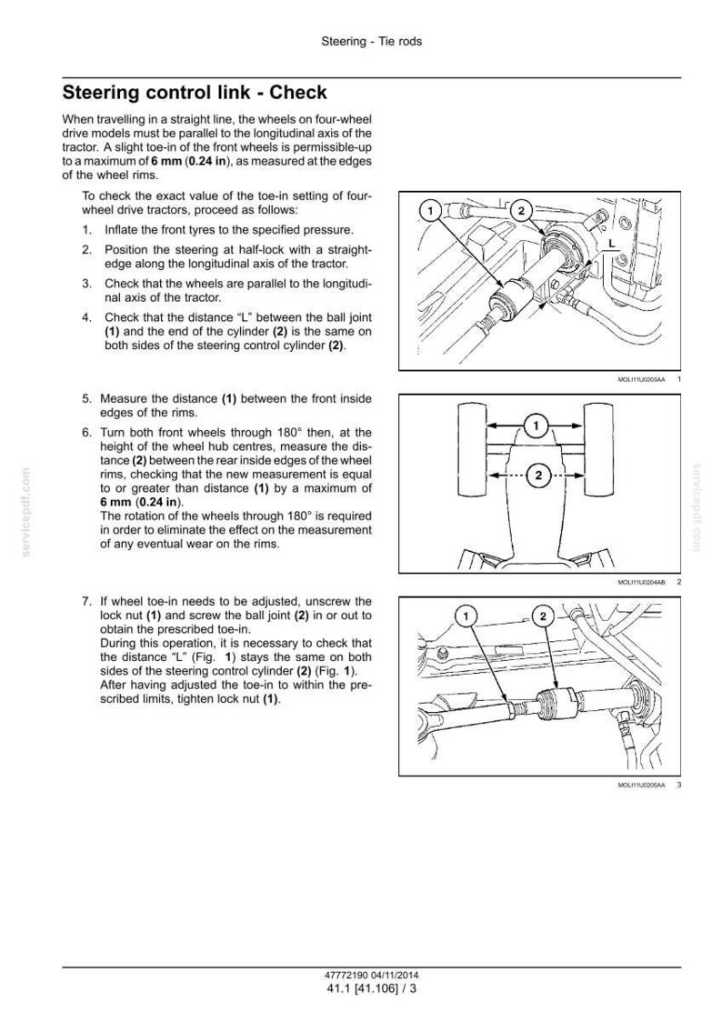 May include: A technical document page titled Steering - Tie rods, featuring instructions for checking steering control links on tractors. It includes three black and white line drawings showing mechanical components labeled with numbers 1 and 2.