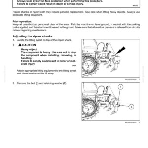 May include: A page from a maintenance manual detailing ripper shanks and teeth. The text includes warnings about flying objects and heavy components. Diagrams illustrate the adjustment process, with numbered components and safety instructions.