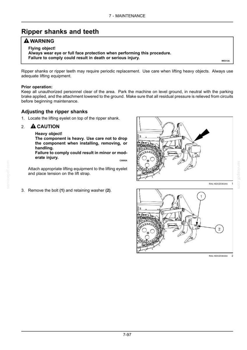 May include: A page from a maintenance manual detailing ripper shanks and teeth. The text includes warnings about flying objects and heavy components. Diagrams illustrate the adjustment process, with numbered components and safety instructions.