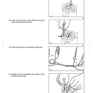 K&ouml;nnte beinhalten: Eine Seite aus einem technischen Handbuch mit dem Titel SECTION 41 - STEERING - CHAPTER 1, die vier schwarz-wei&szlig;e Strichzeichnungen zur mechanischen Montage eines Steuerventilk&ouml;rpers zeigt, einschlie&szlig;lich Gewindestopfen, Ventilkugeln, Federn und Stiften.