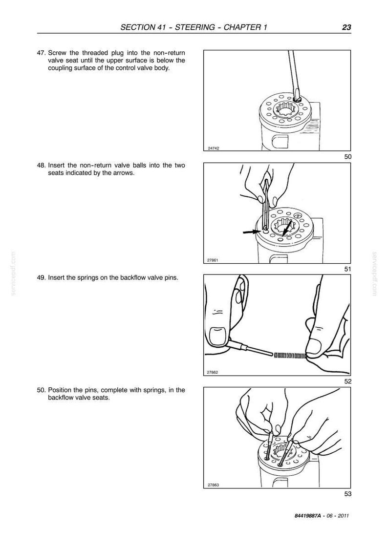 K&ouml;nnte beinhalten: Eine Seite aus einem technischen Handbuch mit dem Titel SECTION 41 - STEERING - CHAPTER 1, die vier schwarz-wei&szlig;e Strichzeichnungen zur mechanischen Montage eines Steuerventilk&ouml;rpers zeigt, einschlie&szlig;lich Gewindestopfen, Ventilkugeln, Federn und Stiften.