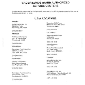 May include: A printed document titled "SECTION 19J SAUER/SUNDSTRAND AUTHORIZED SERVICE CENTERS" lists U.S.A. LOCATIONS for service. Includes company names, addresses, and phone numbers for Alaska, Arizona, Arkansas, California, Colorado, Connecticut, and Florida.