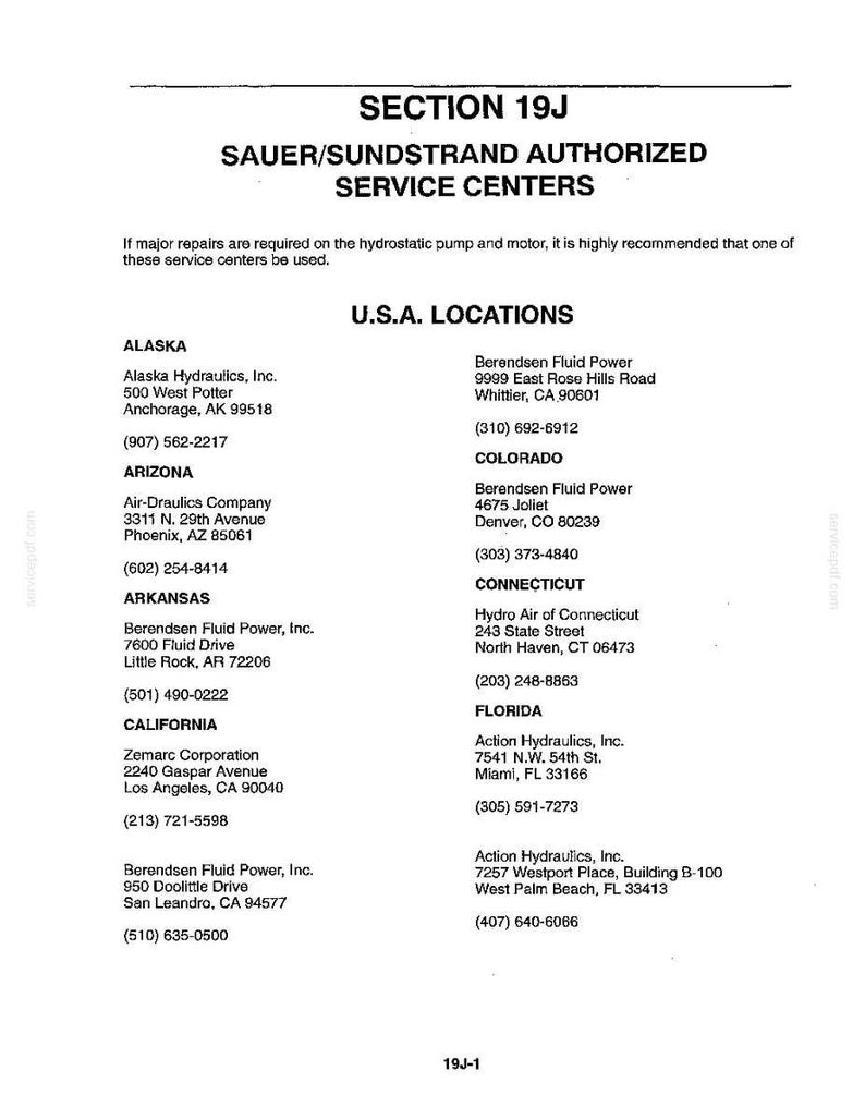 May include: A printed document titled "SECTION 19J SAUER/SUNDSTRAND AUTHORIZED SERVICE CENTERS" lists U.S.A. LOCATIONS for service. Includes company names, addresses, and phone numbers for Alaska, Arizona, Arkansas, California, Colorado, Connecticut, and Florida.