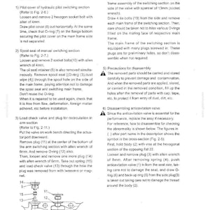 May include: A technical document page titled 33-II-2-7 containing instructions for disassembling hydraulic components. It includes numbered steps for removing pilot covers, spool seals, and valves, along with a diagram labeled Fig. 2-11 Arm section.