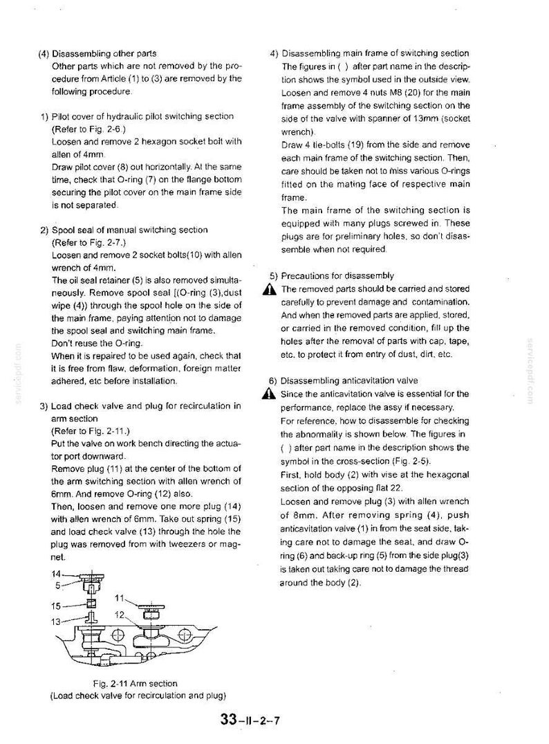May include: A technical document page titled 33-II-2-7 containing instructions for disassembling hydraulic components. It includes numbered steps for removing pilot covers, spool seals, and valves, along with a diagram labeled Fig. 2-11 Arm section.