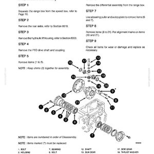 May include: Diagram of a range transmission disassembly, with numbered parts and step-by-step instructions. Includes a detailed exploded view of the components, such as bolts, bearings, and gears, with labels for each part. The text reads "Servicing the Range Transmission."