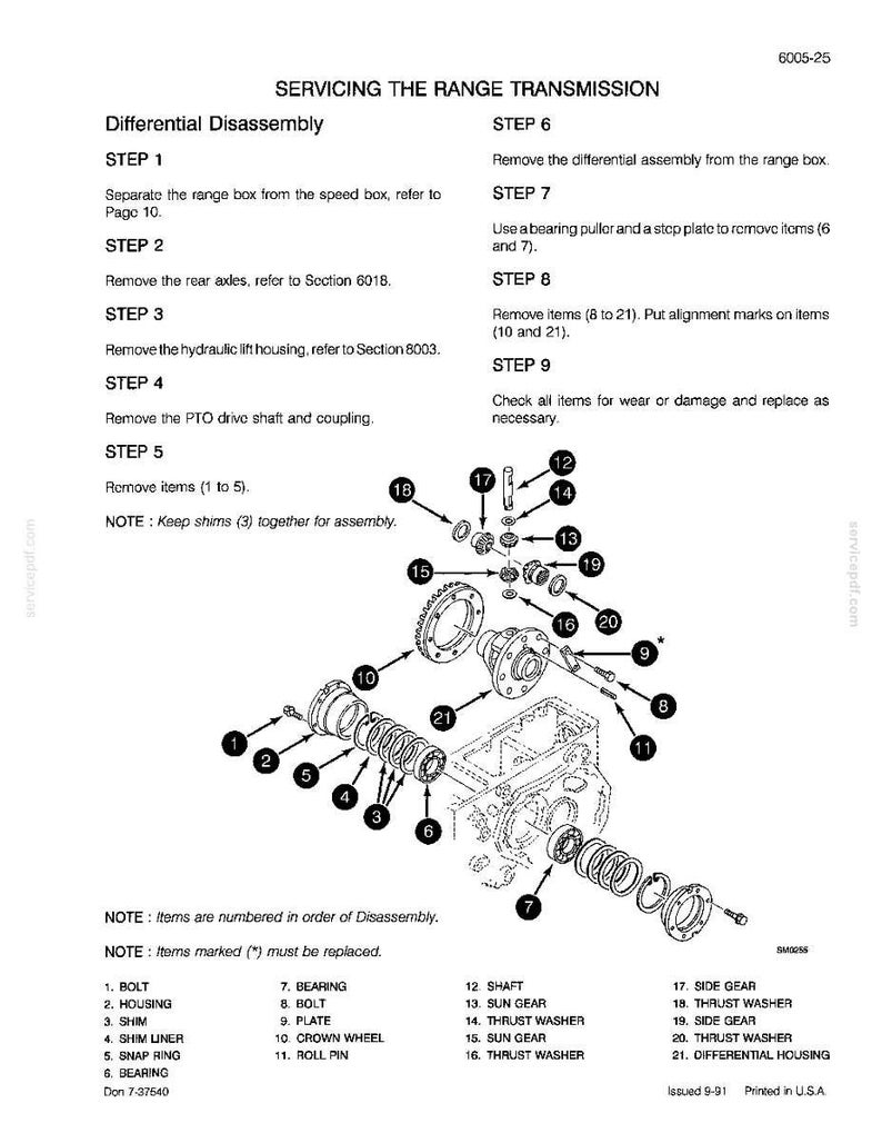 May include: Diagram of a range transmission disassembly, with numbered parts and step-by-step instructions. Includes a detailed exploded view of the components, such as bolts, bearings, and gears, with labels for each part. The text reads "Servicing the Range Transmission."