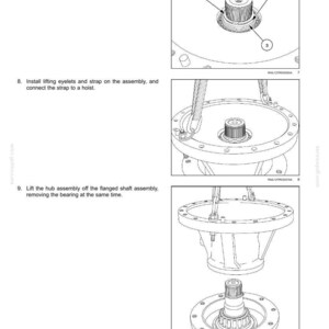 Op de afbeelding: Diagram van een achteras-spoorstangjuk, met de verwijdering van onderdelen en de installatie van hijsogen. Inclusief close-up weergaven van componenten met genummerde labels.