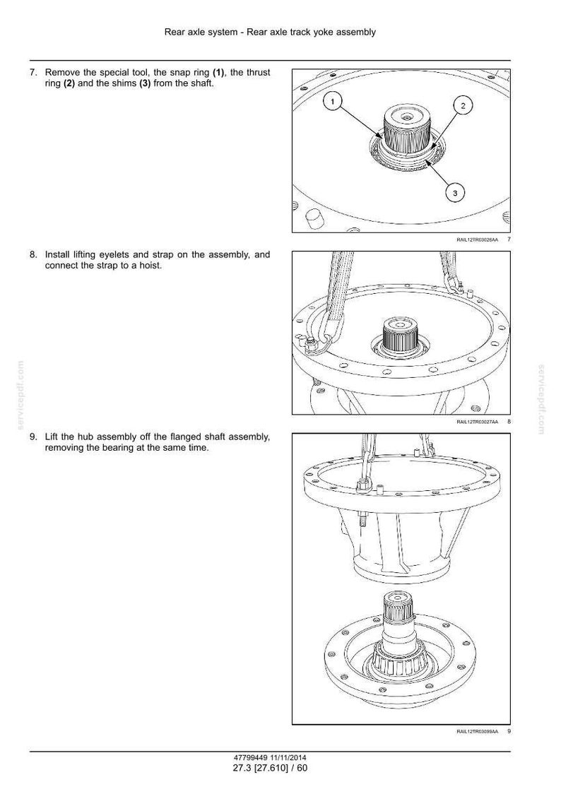 Op de afbeelding: Diagram van een achteras-spoorstangjuk, met de verwijdering van onderdelen en de installatie van hijsogen. Inclusief close-up weergaven van componenten met genummerde labels.