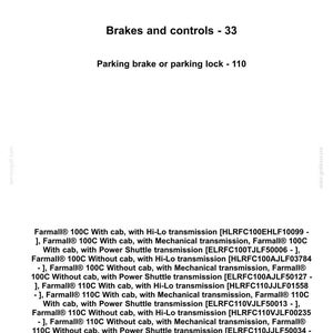 May include: Image of a Case IH Agriculture parts diagram. The text includes "Brakes and controls - 33" and "Parking brake or parking lock - 110". Lists Farmall tractor models and transmission types.