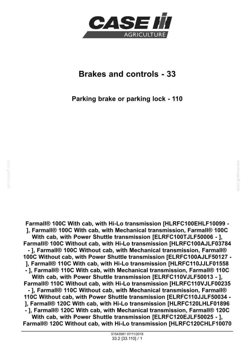 May include: Image of a Case IH Agriculture parts diagram. The text includes "Brakes and controls - 33" and "Parking brake or parking lock - 110". Lists Farmall tractor models and transmission types.
