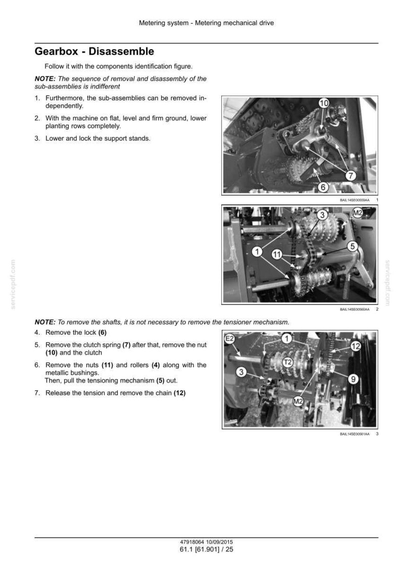 May include: Diagram of a gearbox disassembly process, with detailed illustrations of mechanical components. The images show gears, chains, and other parts labeled with numbers for identification. Text instructions accompany the diagrams.