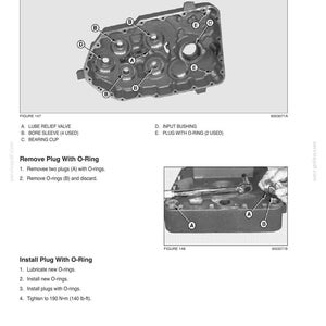 May include: Diagram of a front housing assembly with labeled components, including lube relief valve, bore sleeve, and bearing cup. Instructions for removing and installing plugs with O-rings are also shown.