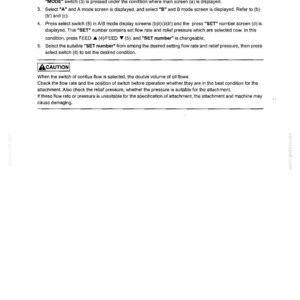 May include: A technical document page titled 21. MECHATRO CONTROL SYSTEM. It provides numbered instructions for operating a starter key switch, mode switch, and select switch to adjust flow rate and relief pressure settings on a display screen.
