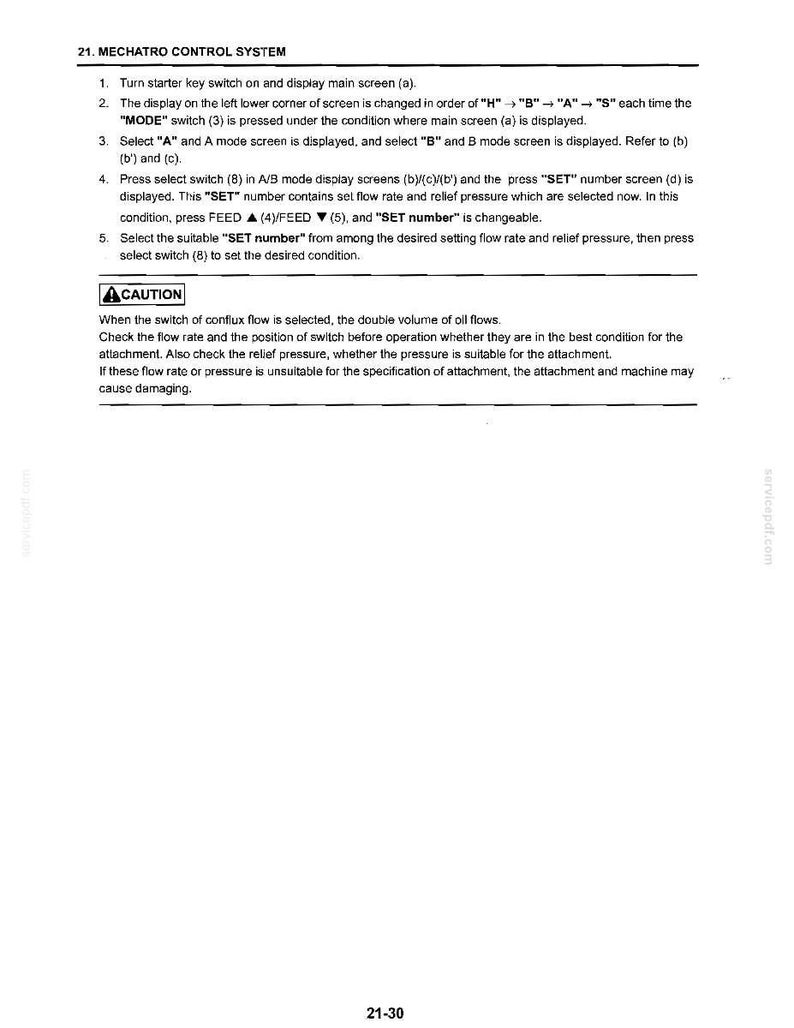 May include: A technical document page titled 21. MECHATRO CONTROL SYSTEM. It provides numbered instructions for operating a starter key switch, mode switch, and select switch to adjust flow rate and relief pressure settings on a display screen.