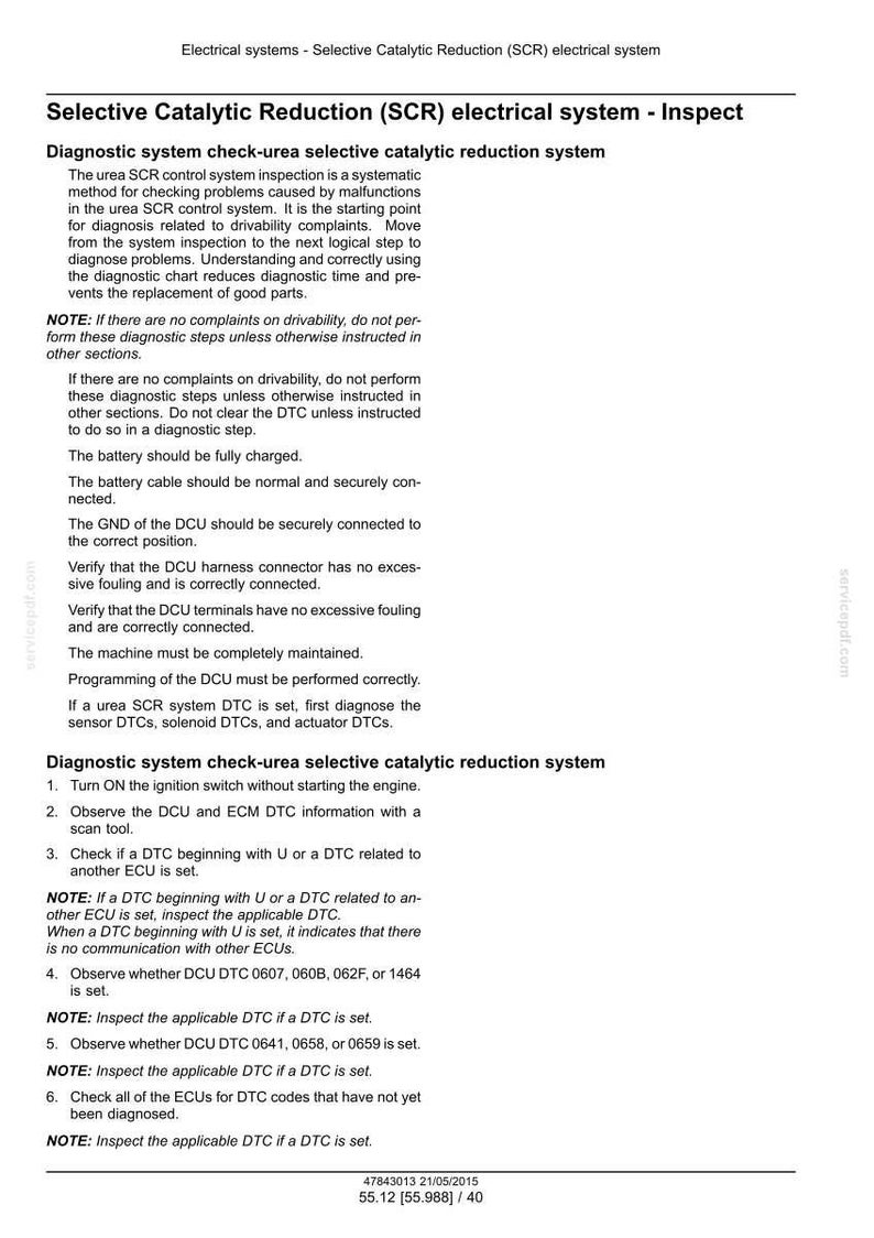 Op de afbeelding: Een technisch document over het Selective Catalytic Reduction (SCR) elektrische systeem, met diagnostische stappen en probleemoplossingsinstructies. Het biedt richtlijnen voor het inspecteren en onderhouden van het systeem.