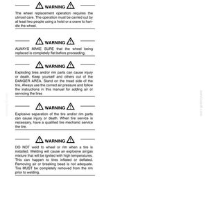 K&ouml;nnte beinhalten: Eine Seite aus einem Handbuch mit der &Uuml;berschrift "ABSCHNITT 3 - BEDIENUNGSANLEITUNG". Der Text enth&auml;lt Warnhinweise zum Austausch eines kompletten Rades, einschlie&szlig;lich Sicherheitsvorkehrungen und potenzieller Gefahren. Die Seite enth&auml;lt mehrere "WARNUNG"-Symbole.