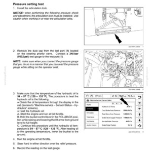 May include: A technical document detailing steering control service instructions, including pressure testing and adjustment procedures. The document includes diagrams, temperature readings in Fahrenheit, and safety notices for equipment operation.