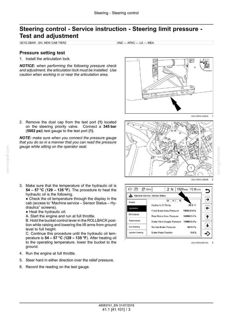 May include: A technical document detailing steering control service instructions, including pressure testing and adjustment procedures. The document includes diagrams, temperature readings in Fahrenheit, and safety notices for equipment operation.