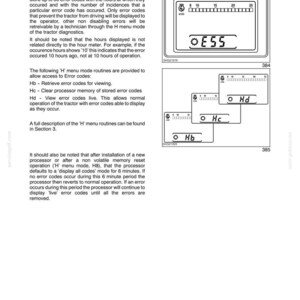 Op de afbeelding: Een technische handleidingspagina getiteld SECTION 4 - HYDRAULIC SYSTEMS, met details over foutcodes voor tractoren. Het bevat tekstinstructies en diagrammen van een digitaal display met codes zoals E55, Hb, Hc en Hd met numerieke schalen.