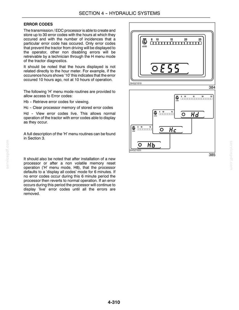 Op de afbeelding: Een technische handleidingspagina getiteld SECTION 4 - HYDRAULIC SYSTEMS, met details over foutcodes voor tractoren. Het bevat tekstinstructies en diagrammen van een digitaal display met codes zoals E55, Hb, Hc en Hd met numerieke schalen.