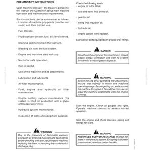 May include: A page from an operating instructions manual, featuring headings like "Preliminary Instructions" and "Run-in Period." The text details machine operation, maintenance, and safety warnings, including fuel, oil, and coolant checks. Warnings are in bold.