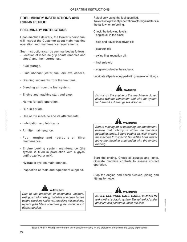 May include: A page from an operating instructions manual, featuring headings like "Preliminary Instructions" and "Run-in Period." The text details machine operation, maintenance, and safety warnings, including fuel, oil, and coolant checks. Warnings are in bold.