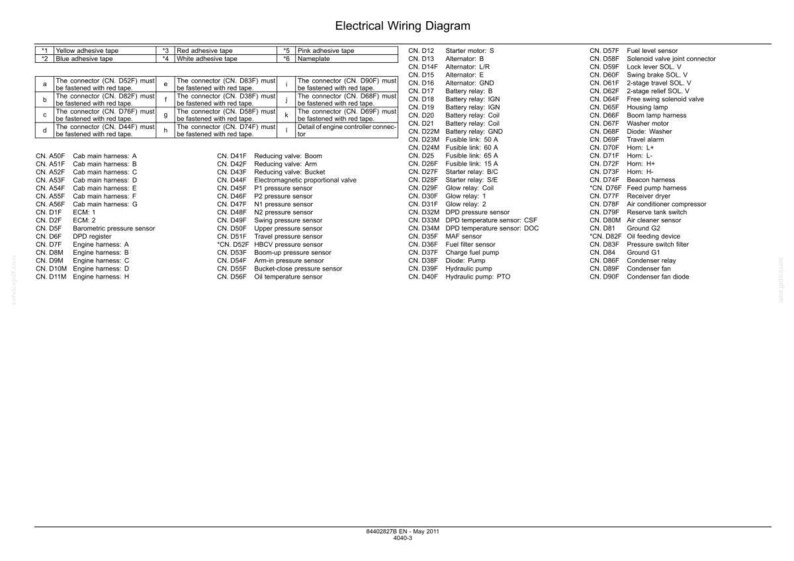 Op de afbeelding: Een elektrisch bedradingsschema op een witte achtergrond. Het schema bevat tekst en labels voor verschillende elektrische componenten, zoals relais, sensoren en zekeringen. De tekst is zwart.