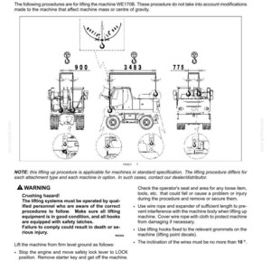 May include: A technical manual page titled 5 - TRANSPORT OPERATIONS, detailing the lifting procedure for the WE170B machine. It features three black and white line drawings showing crane hook placements, numerical labels, and safety warning text.