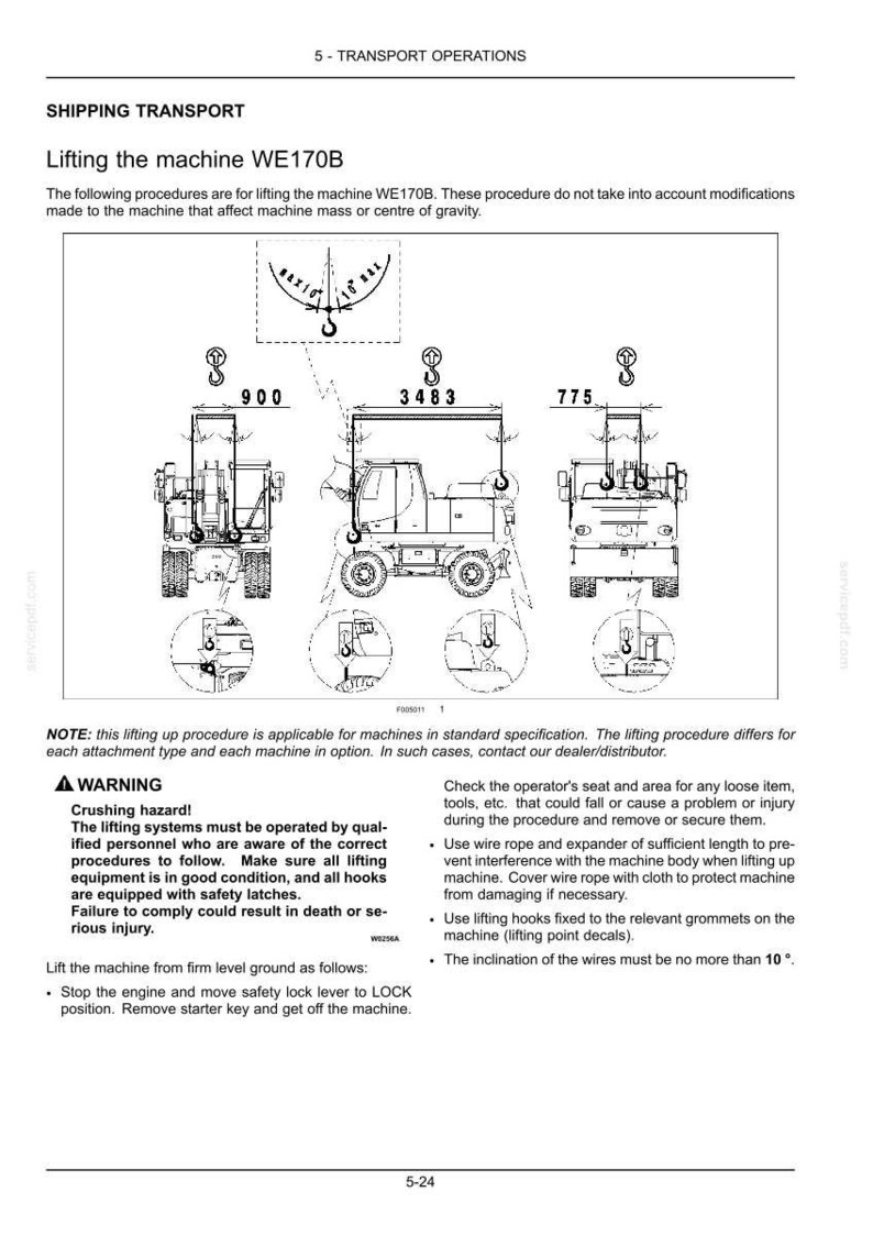 May include: A technical manual page titled 5 - TRANSPORT OPERATIONS, detailing the lifting procedure for the WE170B machine. It features three black and white line drawings showing crane hook placements, numerical labels, and safety warning text.