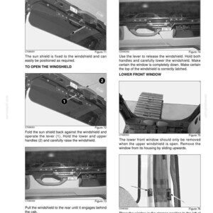 May include: Black and white diagram from a manual showing instructions for operating a vehicle's windshield and sun shield. Text includes "Sun Shield", "Windshield Closing", and instructions for opening and closing the windshield.