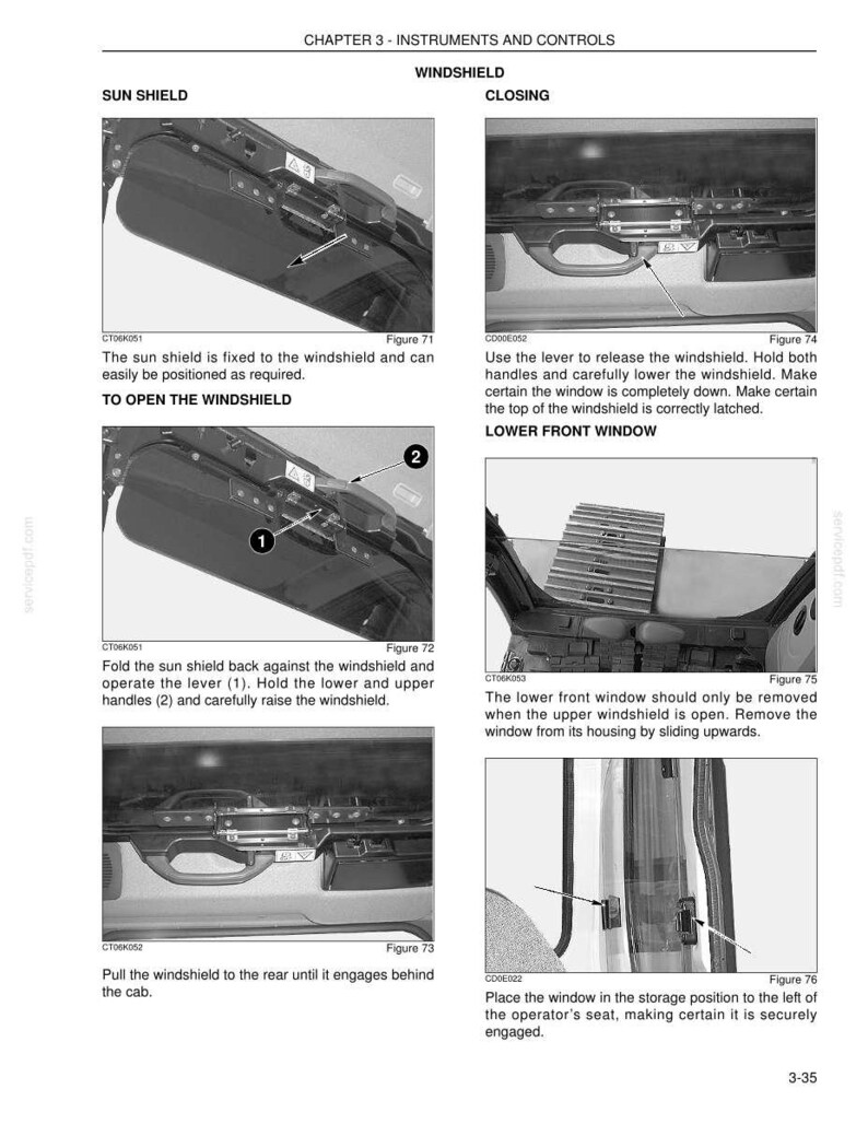 May include: Black and white diagram from a manual showing instructions for operating a vehicle's windshield and sun shield. Text includes "Sun Shield", "Windshield Closing", and instructions for opening and closing the windshield.
