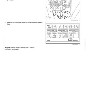 May include: Diagram of a vehicle's fuse box with labels and instructions for maintenance. The image includes a close-up of the fuse box, a fuse panel decal, and text instructions. The text includes the steps for changing fuses and a warning about using the correct amperage.