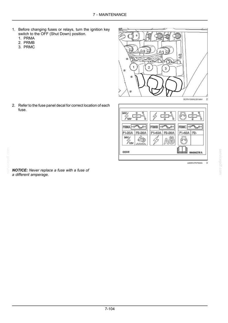 May include: Diagram of a vehicle's fuse box with labels and instructions for maintenance. The image includes a close-up of the fuse box, a fuse panel decal, and text instructions. The text includes the steps for changing fuses and a warning about using the correct amperage.