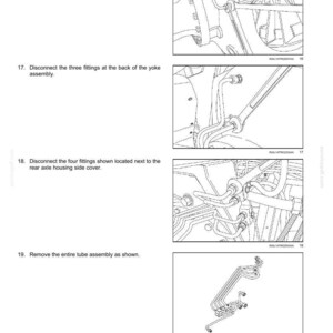 May include: Diagram of a rear axle system, illustrating steps for disassembly. Includes images of the track tension line, yoke assembly fittings, and tube assembly. Text instructions accompany each step for clarity.