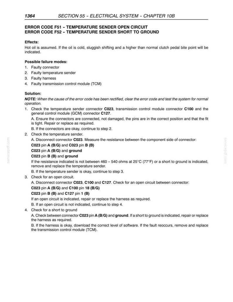 May include: A page from a manual detailing error codes F51 and F52 related to a temperature sender in an electrical system. The text provides troubleshooting steps, including checking connectors and measuring resistance.