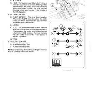 Puede incluir: Una p&aacute;gina de manual t&eacute;cnico titulada 3-CONTROLS/INSTRUMENTS que detalla una v&aacute;lvula de tres funciones con tres palancas de control. Incluye descripciones de texto para los controles de cuchara, brazo de elevaci&oacute;n y auxiliares, junto con diagramas.