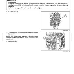 May include: Diagram of a compressor drive belt installation procedure. The manual includes safety warnings and instructions for installing the belt, adjusting the tension bolt, and closing the hood. Includes images of the engine components.
