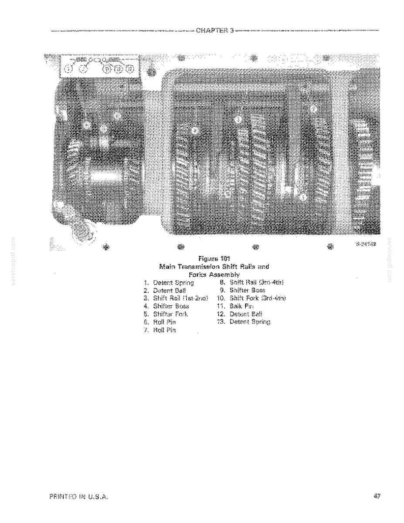 May include: An engineering diagram of a mechanical assembly, featuring gears, shift rails, and forks. The image includes a detailed view of the internal components, with labels for each part. The text reads "Main Transmission Shift Rails and Forks Assembly."
