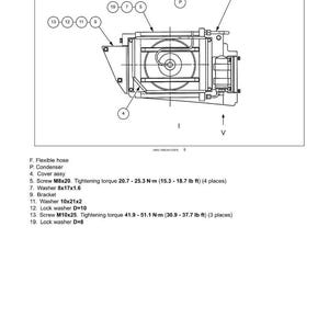 May include: Diagram of an air conditioning unit with labeled components, including a flexible hose, condenser, cover assembly, screws, washers, and bracket. The diagram includes tightening torque specifications in foot-pounds.
