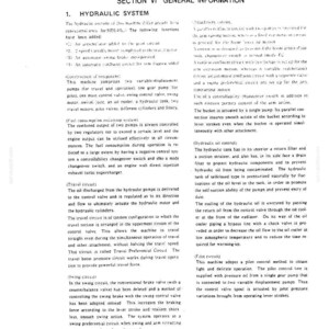May include: A technical document page titled SECTION VI GENERAL INFORMATION 1. HYDRAULIC SYSTEM. The text details machine components including two variable-displacement pumps, a gear pump, control valves, a swing motor, and a hydraulic tank.