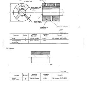 K&ouml;nnte beinhalten: Ein technisches Diagramm mit einer Nabe und einer Kupplung, inklusive Querschnittsansichten und Tabellen. Die Nabe weist eine Keilwelle und Gewindebohrungen mit Ma&szlig;en in mm auf, darunter ein Au&szlig;endurchmesser von 124,9 mm und ein Rollenma&szlig; von 41,412 mm.
