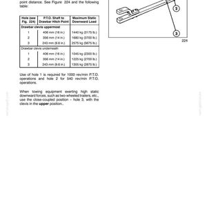 May include: A technical diagram labeled SECTION 3 - FIELD OPERATIONS showing a metal drawbar with a clevis. The illustration includes numbered callouts 1, 2, and 3 indicating adjustment holes, accompanied by a table detailing P.T.O. shaft distances.