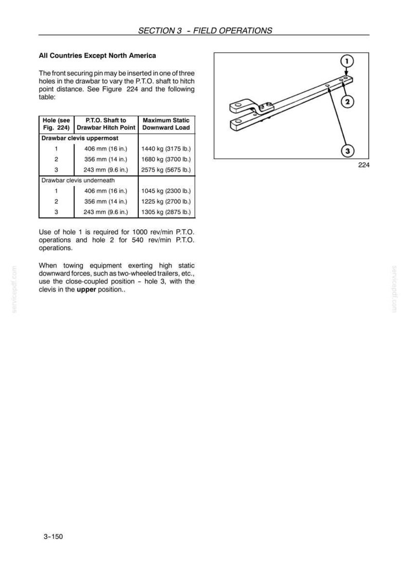 May include: A technical diagram labeled SECTION 3 - FIELD OPERATIONS showing a metal drawbar with a clevis. The illustration includes numbered callouts 1, 2, and 3 indicating adjustment holes, accompanied by a table detailing P.T.O. shaft distances.