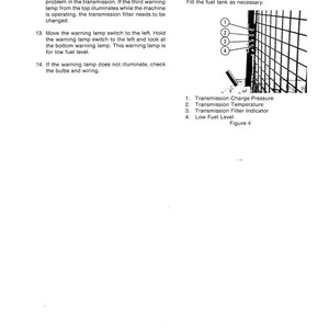 May include: A page from a manual with text and a diagram. The text describes troubleshooting steps for a machine's warning lamps. The diagram shows four warning lights: transmission charge pressure, temperature, filter indicator, and low fuel level.