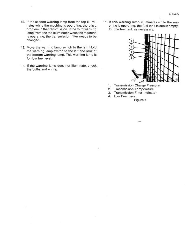 May include: A page from a manual with text and a diagram. The text describes troubleshooting steps for a machine's warning lamps. The diagram shows four warning lights: transmission charge pressure, temperature, filter indicator, and low fuel level.