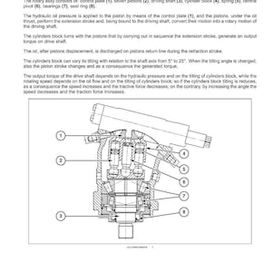 Op de afbeelding: Diagram van een hydraulische reismotorassemblage, gelabeld met genummerde componenten. Tekst beschrijft de dynamische beschrijving en roterende werking van de motor, inclusief zuigers, aandrijfas en cilinderblok. Afmetingen in graden.