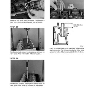 May include: Technical diagrams and instructions for automotive engine repair. The image shows steps for valve guide installation and measurement, including the use of a micrometer and hydraulic press. Text includes measurements in millimeters.